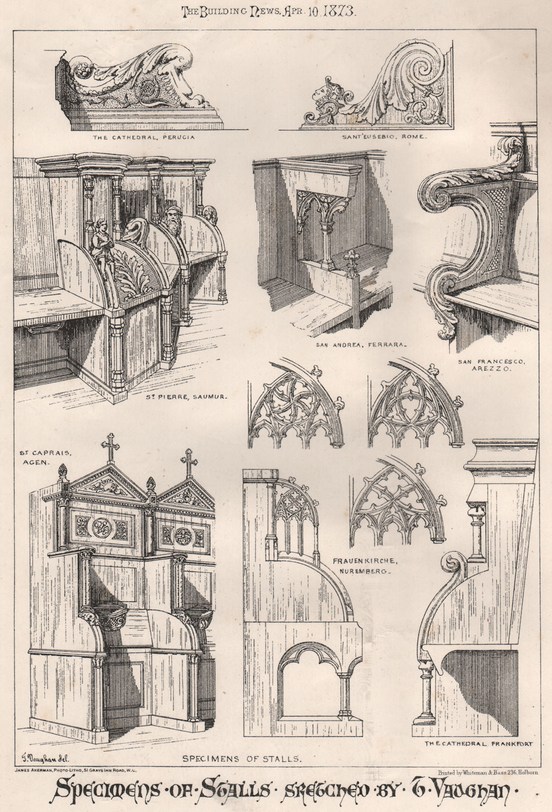 Specimens of stalls; sketched by T. Vaughan. Design 1873 old antique print